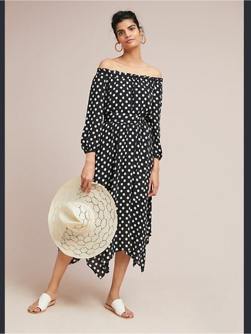 Anthropologie Maeve size 0 small Black and White Polka Dot off shld dress